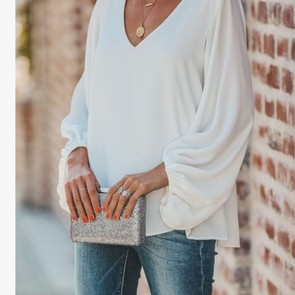 Botanmu Elegant White V-Neck Semi Sheer Blouse Size XL - Picture 2 of 13